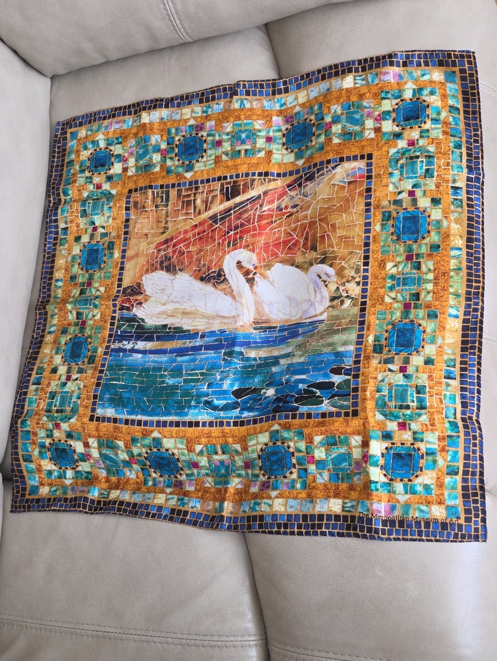 Decorative Swan Mosaic 100% Silk Scarf Square Blue Gold Metropolitan Museum Art